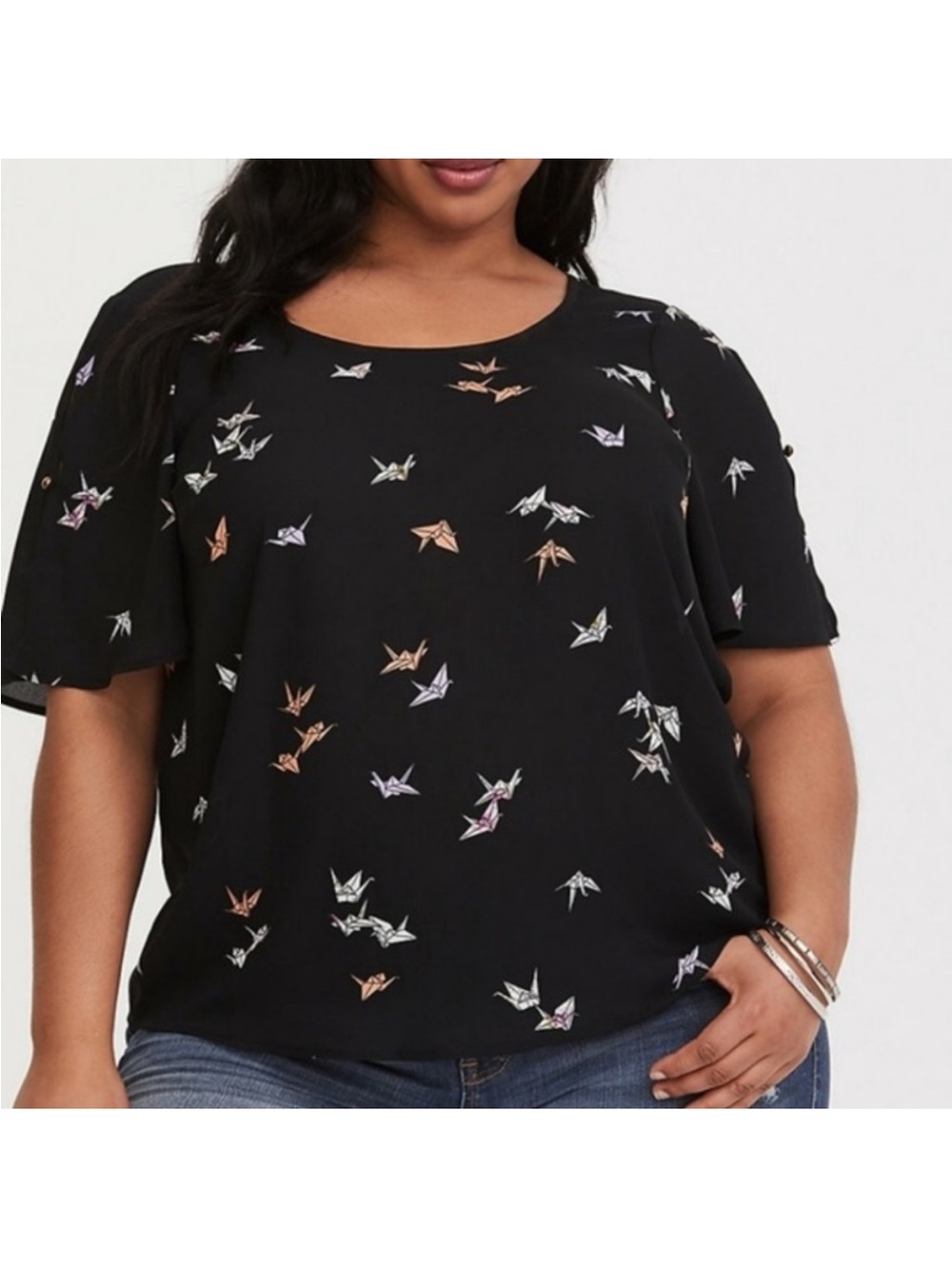 NWOT Torrid Black Short Sleeve Blouse with Origami Crane Bird Print